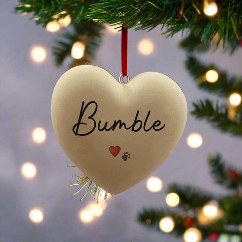 A Personalised Paw Print and Heart  CAT Ceramic Heart Bauble